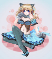 Rule 34 | animal ears, blonde hair, blue eyes, blush, bow, cat ears, checkered floor, fantasy earth zero, floor, gloves, navel, open mouth, shoes, sitting, skirt, solo, thighhighs, tmg, twintails