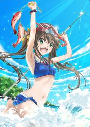 Rule 34 | 1girl, absurdres, artist request, bikini, bikini skirt, blue bikini, blue sky, breasts, brown hair, cloud, day, diving mask, diving mask on head, fang, fish, goggles, goggles on head, green eyes, hair ribbon, harpoon, highres, huang lingyin, infinite stratos, long hair, looking at viewer, navel, official art, open mouth, outdoors, ribbon, sailor bikini, sailor collar, sky, small breasts, solo, splashing, swimsuit, teeth, third-party source, twintails, upper teeth only, water
