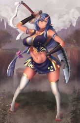 Rule 34 | 1girl, bird, black gloves, blush, bow, breasts, chain chronicle, clenched hand, cliff, closed mouth, cloud, cloudy sky, colored skin, commentary request, crop top, earrings, fingerless gloves, flying, frown, full body, geta, gloves, grass, hair between eyes, highres, holding, holding sword, holding weapon, horns, jewelry, large breasts, long hair, looking at viewer, low-tied long hair, magatama, magatama necklace, minami koyogi, navel, necklace, oni, outdoors, overcast, pink bow, pointy ears, purple shirt, purple skirt, red footwear, red oni, red skin, shirt, skirt, sky, sleeveless, sleeveless shirt, solo, sword, thighhighs, tree, very long hair, weapon, white thighhighs, yellow eyes