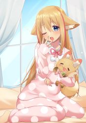 Rule 34 | 1girl, ;o, absurdres, animal, animal ear fluff, animal ears, animal hug, blonde hair, blush, collared shirt, commission, copyright request, curtains, day, fox, hair between eyes, hand up, highres, indoors, long hair, long sleeves, looking at viewer, multicolored hair, one eye closed, open mouth, pajamas, pants, pink pajamas, pink pants, pink shirt, polka dot, polka dot pajamas, polka dot pants, polka dot shirt, red hair, sakura chiyo (konachi000), shirt, sleeves past wrists, solo, streaked hair, teeth, upper teeth only, very long hair, virtual youtuber, window