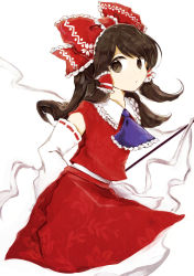 Rule 34 | 1girl, ascot, bare shoulders, blouse, bow, brown eyes, brown hair, collared shirt, commentary request, detached sleeves, eyes visible through hair, floral print, flower, frills, gohei, hair between eyes, hair ornament, hair tubes, hakurei reimu, leaf print, long sleeves, looking to the side, medium hair, open mouth, purple ascot, red bow, red flower, red skirt, red vest, shirt, simple background, skirt, solo, standing, symbol in eye, tama (hiroshige 36), touhou, vest, white background, white flower, white shirt, wide sleeves, yin yang