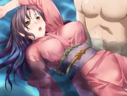 Rule 34 | 1girl, black hair, blush, breasts, clothed female nude male, endou mitsu, game cg, japanese clothes, kimono, large breasts, long hair, long sleeves, looking away, lying, mole, mole under eye, najimi no obachan: batsuichi jukujo to inran miboujin, navel, nude, parted lips, partially submerged, solo focus, water, wet, wet clothes, yellow eyes