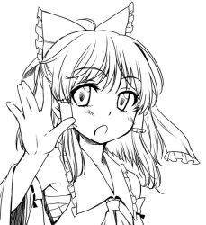Rule 34 | 1girl, :o, ahoge, arm up, bow, female focus, greyscale, hair bow, hair tubes, hakurei reimu, lineart, matilda (matildax), monochrome, open mouth, outstretched hand, short hair, solo, touhou, upper body