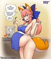 Rule 34 | absurdres, animal ears, apron, breasts, emoji, fang, fate/extra, fate (series), fox ears, fox tail, hair ribbon, highres, holding, holding ladle, ladle, large breasts, looking at viewer, naked apron, open mouth, outie navel, pink hair, pregnant, ribbon, speech bubble, tail, tamamo (fate), tamamo no mae (fate/extra), tsukijitums