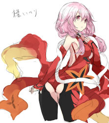 Rule 34 | 10s, 1girl, ass, back, back cutout, bare shoulders, black thighhighs, clothing cutout, detached sleeves, fingerless gloves, gloves, guilty crown, hair ornament, hairclip, highres, kou mashiro, long hair, looking at viewer, looking back, open mouth, pink hair, red eyes, solo, thighhighs, twintails, yuzuriha inori