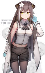Rule 34 | 1girl, absurdres, animal ears, arknights, ascot, bare shoulders, black ascot, black pantyhose, black shorts, blue gloves, breasts, brown hair, character name, chinese commentary, coat, commentary request, flower, folinic (arknights), gloves, hair flower, hair ornament, highres, jean.organ, long hair, looking at viewer, medium breasts, midriff, mongoose ears, navel, off shoulder, open clothes, open coat, pantyhose, shirt, shorts, sleeveless, sleeveless shirt, smile, solo, thighs, white coat, white flower, white shirt, yellow eyes