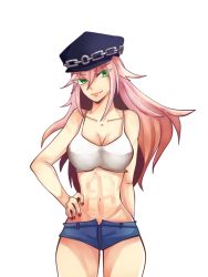 Rule 34 | 1girl, breasts, capcom, cleavage, final fight, fingernails, green eyes, hat, hip focus, legs, long hair, midriff, navel, pink hair, poison (final fight), shirt, shorts, smile, solo, street fighter, street fighter iv (series), white shirt
