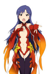 Rule 34 | 1girl, bare shoulders, black thighhighs, blue hair, breasts, brown eyes, cameltoe, center opening, cleavage, cosplay, detached sleeves, elbow gloves, fingerless gloves, flat chest, gloves, guilty crown, hand on own chest, idolmaster, idolmaster (classic), kisaragi chihaya, long hair, looking at viewer, navel, open mouth, outstretched hand, pori88, solo, thigh gap, thighhighs, yuzuriha inori, yuzuriha inori (cosplay)