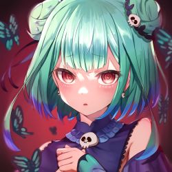 Rule 34 | 1girl, :o, absurdres, bare shoulders, blunt bangs, blush, bug, butterfly, detached sleeves, double bun, earrings, face, green hair, hair bun, hair ornament, heart, heart in eye, highres, hololive, insect, jewelry, long sleeves, looking at viewer, open mouth, red eyes, ringopan, short hair, skull, skull earrings, skull hair ornament, skull ornament, solo, symbol in eye, uruha rushia, uruha rushia (1st costume), virtual youtuber