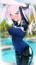 Rule 34 | 1girl, animal ears, bell, blush, bodysuit, bodysuit under clothes, breasts, hair tie, highres, impossible bodysuit, impossible clothes, large breasts, looking at viewer, maguro27, mouth hold, neck bell, original, pink eyes, school swimsuit, skin tight, swimsuit, white hair