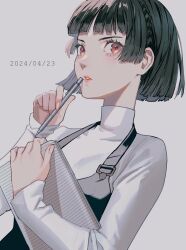 Rule 34 | 1girl, black hair, black vest, bob cut, dated, highres, holding, holding pen, looking afar, niijima makoto, parted lips, pen, pen to mouth, persona, persona 5, red eyes, sageo yn, short hait, simple background, solo, sweater, turtleneck, vest, white background, white sweater