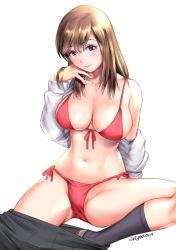 Rule 34 | 1girl, bikini, black skirt, black socks, brown hair, closed mouth, dated, hand in own hair, hand up, highres, long hair, looking at viewer, open clothes, open shirt, original, pleated skirt, purple eyes, red bikini, saigado, shirt, side-tie bikini bottom, signature, simple background, sitting, skirt, smile, socks, solo, spread legs, swimsuit, white background, white shirt