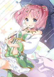 Rule 34 | 1girl, :d, bare shoulders, blue eyes, blush, boots, breasts, circlet, cleavage, detached sleeves, dress, dutch angle, gem, green dress, highres, holding, holding umbrella, jewelry, looking at viewer, medium breasts, navel, necklace, open mouth, original, petticoat, pink hair, rougetsu, smile, solo, star-shaped pupils, star (symbol), symbol-shaped pupils, thighhighs, twintails, umbrella, white thighhighs