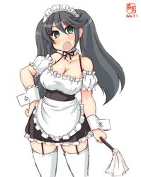 Rule 34 | 1girl, alternate costume, apron, aqua eyes, artist logo, black skirt, blouse, breasts, cleavage, commentary request, cowboy shot, dated, detached collar, duster, enmaided, frilled apron, frilled shirt, frills, garter straps, grey hair, hand on own hip, highres, isuzu (kancolle), kanon (kurogane knights), kantai collection, large breasts, long hair, looking at viewer, maid, maid headdress, open mouth, shirt, simple background, skirt, solo, suspender skirt, suspenders, thighhighs, twintails, waist apron, white apron, white background, white shirt, white thighhighs