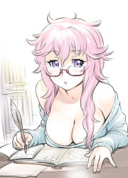 Rule 34 | 1girl, bare shoulders, blush, book, breast rest, breasts, cleavage, clothes pull, glasses, large breasts, long hair, messy hair, off shoulder, original, parted lips, pink hair, purple eyes, quill, solo, sweater, sweater pull, ueyama michirou, writing
