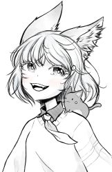 Rule 34 | 1girl, animal, animal ear fluff, animal ears, animal on shoulder, collared shirt, commentary, english commentary, fangs, fox ears, fox girl, greyscale, haiirosanrkgk, highres, looking at viewer, monochrome, necktie, open mouth, phase connect, shirt, short hair, simple background, smile, solo, striped clothes, striped shirt, sweater, tenma maemi, theo (tenma maemi), upper body, virtual youtuber, white background