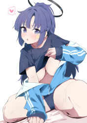 Rule 34 | absurdres, blue archive, blush, breasts, clothes lift, halo, heart, highres, jacket, large breasts, lifting own clothes, long hair, long sleeves, looking at viewer, mashiro latte (msrn39), nipples, on ground, open mouth, partially unzipped, ponytail, purple eyes, purple hair, shirt, shirt lift, sitting, spoken heart, t-shirt, yuuka (blue archive), yuuka (track) (blue archive)
