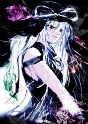 Rule 34 | 1girl, bare shoulders, black dress, dress, electricity, expressionless, female focus, from side, glowing, hat, looking at viewer, looking to the side, magic, parted lips, red eyes, silver hair, sleeveless, sleeveless dress, solo, tomasu, touhou, tsurukame, witch hat, yakumo yukari