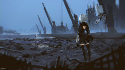 Rule 34 | 1girl, advarcher, artist name, back, back cutout, black dress, black hairband, boots, clothing cutout, dress, feather-trimmed sleeves, hairband, high heel boots, high heels, highres, juliet sleeves, long sleeves, nier (series), nier:automata, outdoors, planted, planted sword, planted weapon, pod (nier:automata), puffy sleeves, robot, scenery, short hair, silver hair, sky, sword, thigh boots, thighhighs, thighhighs under boots, weapon, 2b (nier:automata)