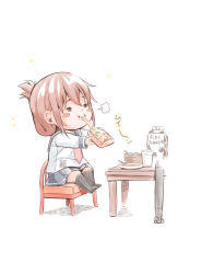 Rule 34 | 1girl, black sailor collar, black skirt, black socks, blush stickers, brown hair, carton, closed eyes, cup, drinking glass, eating, folded ponytail, food, fujishima shinnosuke, holding, holding food, inazuma (kancolle), kantai collection, kneehighs, long sleeves, milk, neckerchief, pizza, pleated skirt, red neckerchief, sailor collar, school uniform, serafuku, short hair, simple background, skirt, smile, socks, solo, sparkle, white background