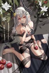 Rule 34 | 1girl, apple, arknights, armlet, bare shoulders, barefoot, bikini, black bikini, black ribbon, breasts, candle, cleavage, collar, collarbone, flower, food, fruit, grey hair, hair flower, hair ornament, highres, holding, holding food, holding fruit, horns, infection monitor (arknights), jewelry, large breasts, long hair, looking at viewer, mudrock (arknights), mudrock (silent night) (arknights), necklace, official alternate costume, open mouth, pointy ears, red eyes, ribbon, sitting, skydrop, solo, swimsuit, very long hair, wariza, white flower, yellow flower