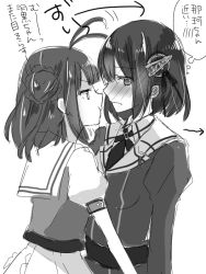 Rule 34 | 10s, 2girls, antenna hair, arrow (symbol), blush, double bun, frown, greyscale, haguro (kancolle), kantai collection, looking away, monochrome, multiple girls, naka (kancolle), pout, rinto (rint rnt), translation request, yuri