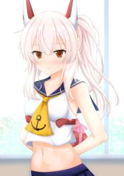 Rule 34 | 1girl, anchor symbol, arms behind back, ascot, ayanami (azur lane), azur lane, blue sailor collar, blue skirt, blush, box, breasts, collarbone, commentary request, crop top, day, gift, gift box, hair between eyes, headgear, heart, heart print, holding, holding gift, indoors, insider (pix insider), light brown hair, long hair, medium breasts, midriff, navel, parted lips, pleated skirt, ponytail, red eyes, sailor collar, school uniform, serafuku, shirt, sidelocks, skirt, sleeveless, sleeveless shirt, solo, sunlight, valentine, white shirt, window, yellow ascot