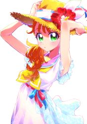 Rule 34 | 1girl, :o, absurdres, adjusting clothes, adjusting headwear, armpits, arms up, blue stripes, blush, bow, commentary, dress, flower, frilled dress, frills, green eyes, hair over shoulder, hair strand, hat, hat bow, hat flower, heart, heart in eye, hibiscus, highres, long hair, looking at viewer, natsuumi manatsu, neckerchief, okimochi, open mouth, orange hair, parted lips, pink sailor collar, ponytail, precure, sailor collar, shadow, side ponytail, simple background, sleeveless, sleeveless dress, solo, sparkle, straw hat, sun hat, symbol in eye, tropical-rouge! precure, upper body, white background, white dress, yellow neckerchief
