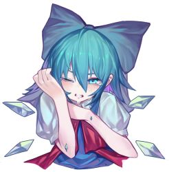Rule 34 | 1girl, blue bow, blue eyes, blue hair, blush, bow, cirno, cropped torso, crying, hair between eyes, hair bow, highres, ice, ice wings, one eye closed, puffy short sleeves, puffy sleeves, red scarf, sb lama, scarf, short sleeves, simple background, solo, touhou, upper body, white background, wings
