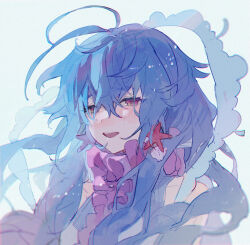 Rule 34 | 1girl, bacheally, bare shoulders, blue hair, blush, collar, collarbone, frilled collar, frilled shirt collar, frills, hair between eyes, highres, long hair, looking at viewer, messy hair, open mouth, original, pink eyes, portrait, red eyes, shell, shell hair ornament, shirt, simple background, sleeveless, sleeveless shirt, smile, solo, starfish, starfish hair ornament, striped clothes, striped shirt, teeth, upper body, upper teeth only, vertical-striped clothes, vertical-striped shirt, white background