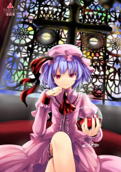 Rule 34 | 1girl, ascot, blue hair, cross, cup, dress, drinking glass, hat, hat ribbon, highres, juliet sleeves, crossed legs, long sleeves, looking at viewer, mob cap, namamo nanase, pink dress, pink eyes, puffy sleeves, remilia scarlet, ribbon, sitting, solo, stained glass, touhou, wine glass