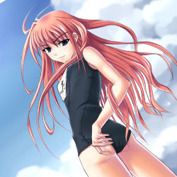 Rule 34 | 00s, 1girl, adjusting clothes, adjusting swimsuit, aged up, black one-piece swimsuit, cloud, day, floating hair, from behind, from below, hair down, long hair, looking back, lyrical nanoha, mahou shoujo lyrical nanoha, mahou shoujo lyrical nanoha a&#039;s, nakayama yukiji, name tag, one-piece swimsuit, red hair, school swimsuit, sky, solo, swimsuit, very long hair, vita (nanoha)