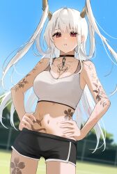 1girl arm_tattoo azur_lane baltimore_(azur_lane) baltimore_(azur_lane)_(cosplay) baltimore_(black_ace)_(azur_lane) black_choker black_shorts blue_sky blurry blurry_background breasts chest_tattoo choker cleavage collarbone commentary_request commission cosplay cowboy_shot depth_of_field dolphin_shorts dragon_girl dragon_horns dragon_tattoo flower_tattoo hair_on_horn hands_on_own_hips highres horns large_breasts leg_tattoo long_hair looking_at_viewer midriff navel outdoors parted_lips partial_commentary red_eyes sakura_empire_(emblem) shimanto_(azur_lane) short_shorts shorts skeb_commission sky solo sports_bra stomach_tattoo sweat tattoo teeth watermark white_hair white_sports_bra yamaha_tsui