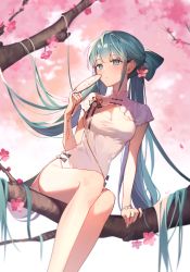 Rule 34 | 1girl, arm support, azit (down), blue eyes, branch, breasts, china dress, chinese clothes, cleavage, cleavage cutout, closed mouth, clothing cutout, commentary, dress, feet out of frame, flower, green hair, hair flower, hair ornament, hand up, hatsune miku, highres, holding, in tree, long hair, medium breasts, pink flower, pink theme, shaohua hatsune miku, short sleeves, solo, tree, very long hair, vocaloid, white dress