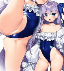 Rule 34 | 1girl, :o, bare hips, bare shoulders, blue eyes, blue one-piece swimsuit, blue ribbon, cameltoe, casual one-piece swimsuit, closed mouth, collarbone, commentary request, contrapposto, covered navel, fate/grand order, fate (series), flat chest, frilled swimsuit, frills, hair between eyes, hair ribbon, head out of frame, highleg, highleg swimsuit, highres, leg up, leotard, long hair, long sleeves, looking at viewer, meltryllis, meltryllis (fate), meltryllis (swimsuit lancer) (fate), meltryllis (swimsuit lancer) (second ascension) (fate), multiple views, one-piece swimsuit, open mouth, partially visible vulva, puffy long sleeves, puffy sleeves, purple hair, ribbon, sakura yuki (clochette), sleeves past fingers, sleeves past wrists, split, standing, standing on one leg, standing split, sweat, swimsuit, thighs, thong leotard, v-shaped eyebrows, very long hair, wedgie
