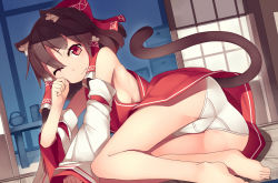 Rule 34 | 1girl, animal ears, ass, bare legs, bare shoulders, barefoot, bow, breasts, brown hair, cat ears, cat tail, detached sleeves, dress, fang, hair bow, hair tubes, hakurei reimu, looking at viewer, lying, mikan (bananoha), no bra, one eye closed, panties, pantyshot, red dress, red eyes, red skirt, rubbing eyes, sideboob, sitting, skirt, solo, table, tail, teapot, touhou, underwear, upskirt, waking up, white panties, wide sleeves, wink