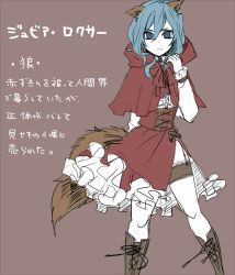 Rule 34 | 1girl, animal ears, asuta1102, blue eyes, blue hair, boots, cape, cosplay, dress, fairy tail, hood, hooded cape, juvia lockser, little red riding hood, little red riding hood (grimm), little red riding hood (grimm) (cosplay), matching hair/eyes, simple background, solo, tail, text focus, translation request
