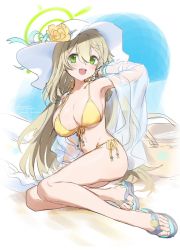 Rule 34 | 1girl, bikini, blonde hair, blue archive, blush, breasts, character name, cleavage, feet, flower, green eyes, hair between eyes, halo, hand in own hair, hat, hat flower, large breasts, long hair, looking at viewer, nemo (leafnight), nonomi (blue archive), nonomi (swimsuit) (blue archive), open clothes, open mouth, sandals, see-through, side-tie bikini bottom, sitting, solo, sun hat, swimsuit, teeth, upper teeth only, very long hair, white hat, yellow bikini, yellow flower