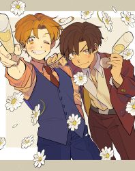 Rule 34 | 2boys, arm on another&#039;s shoulder, arm up, axis powers hetalia, blazer, blue vest, brothers, brown eyes, brown hair, cocktail, cocktail glass, collared shirt, cup, drinking glass, flower, grin, highres, holding, holding cup, jacket, letterboxed, looking at viewer, male focus, multiple boys, ninonuko, northern italy (hetalia), one eye closed, open clothes, open jacket, red jacket, red skirt, shirt, siblings, skirt, smile, southern italy (hetalia), vest, waistcoat