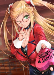 Rule 34 | 1girl, artist request, blonde hair, blush, breasts, classroom, cleavage, formal, gift, glasses, green eyes, high heels, highres, kosaka shizuru, large breasts, long hair, looking at viewer, one eye closed, shiny clothes, shiny skin, skirt, skirt suit, smile, solo, suit, taimanin (series), taimanin yukikaze, thighhighs, twintails, two side up, valentine, very long hair, wink
