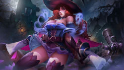 Rule 34 | 1girl, bare shoulders, bare tree, bat (animal), bewitching miss fortune, blue eyes, breasts, candle, cleavage, graveyard, gun, hat, highres, holding, holding candle, holding gun, holding weapon, jack-o&#039;-lantern, lantern, large breasts, league of legends, lipstick, long hair, looking at viewer, makeup, moon, night, outdoors, panties, pumpkin, red hair, miss fortune (league of legends), solo, thighhighs, tombstone, tree, underwear, weapon, witch hat