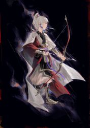 Rule 34 | 1boy, androgynous, archer (fate/samurai remnant), arrow (projectile), black background, boots, bow (weapon), cape, expressionless, fate/samurai remnant, fate (series), full body, high ponytail, highres, long hair, profile, tagme, tassel, weapon, white cape, white hair, yellow eyes, yug (yu g), zhou yu, zhou yu (fate/samurai remnant)