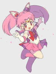 Rule 34 | 1girl, :d, bishoujo senshi sailor moon, bishoujo senshi sailor moon s, boots, bow, bowtie, bright pupils, brooch, chibi usa, circlet, cone hair bun, elbow gloves, eyebrows, facing away, full body, gem, gloves, hair bun, hair intakes, hand up, heart, heart brooch, jewelry, leg up, long hair, looking at viewer, magical girl, miniskirt, miyata (lhr), open mouth, outstretched arm, pink footwear, pink hair, pink sailor collar, pink skirt, red bow, red bowtie, red eyes, sailor chibi moon, sailor collar, school uniform, serafuku, shirt, short sleeves, silver background, skirt, smile, solo, sparkle, tongue, twintails, white gloves, white pupils, white shirt