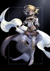Rule 34 | 1girl, armor, armored boots, bandeau, belt, black gloves, black shorts, black thighhighs, blonde hair, boots, breast cutout, breasts, cleavage, closed mouth, djeeta (granblue fantasy), elbow gloves, full body, gloves, granblue fantasy, hairband, high heel boots, high heels, highres, jacket, looking at viewer, osamu (jagabata), relic buster (granblue fantasy), short hair, short shorts, shorts, shoulder armor, sleeveless, sleeveless jacket, small breasts, solo, standing, standing on one leg, sword, thighhighs, turtleneck, v-shaped eyebrows, waist cape, weapon, white jacket, wrist cuffs, yellow eyes