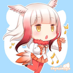 Rule 34 | 10s, 1girl, chibi, head wings, japanese crested ibis (kemono friends), kemono friends, pantyhose, red hair, red pantyhose, red skirt, shibi, short hair, skirt, solo, twitter username, white hair, wings, yellow eyes