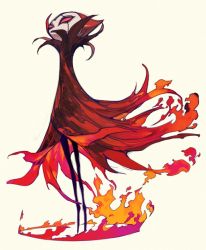 Rule 34 | 1other, cape, fire, full body, grimm (hollow knight), hollow knight, pigeon666, red cape, red eyes, red hair, red theme, simple background, solo, standing, white background