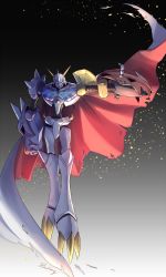 Rule 34 | arm at side, armor, cape, commentary request, digimon, digimon (creature), full body, hawe king, helmet, highres, horns, looking at viewer, no humans, omegamon, outstretched arm, red cape, signature, solo, spikes, torn cape, torn clothes, two-sided cape, two-sided fabric, white cape