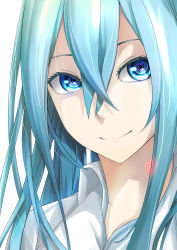 Rule 34 | 1girl, absurdres, aqua hair, bad id, bad pixiv id, blue eyes, closed mouth, cosmicsnic, crossed bangs, eye focus, highres, long hair, looking at viewer, portrait, shirt, simple background, smile, solo, vivy, vivy: fluorite eye&#039;s song, white background, white shirt
