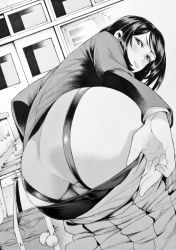 Rule 34 | 1girl, :p, ass, bad id, bad twitter id, bag, bent over, bookbag, clothes pull, greyscale, highres, long hair, looking at viewer, looking back, monochrome, nakajima ryou, original, panties, skirt, skirt pull, solo, thighs, tongue, tongue out, trefoil, underwear
