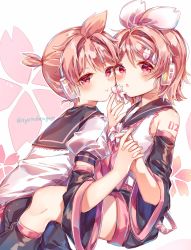 Rule 34 | 1boy, 1girl, ayatsuki sugure, bare shoulders, black collar, black shorts, black sleeves, blush, bow, brother and sister, cheek-to-cheek, cheek press, cherry blossoms, collar, commentary, detached sleeves, flower, hair bow, hair ornament, hairclip, headphones, heads together, highres, holding, holding flower, holding hands, kagamine len, kagamine rin, leaning forward, leg warmers, looking at viewer, neckerchief, parted lips, pink bow, pink eyes, pink hair, pink neckerchief, pouty lips, sailor collar, sakura len, sakura rin, school uniform, shirt, short hair, short ponytail, short shorts, short sleeves, shorts, shoulder tattoo, siblings, sitting, sleeveless, sleeveless shirt, spiked hair, swept bangs, tattoo, twins, vocaloid, white shirt